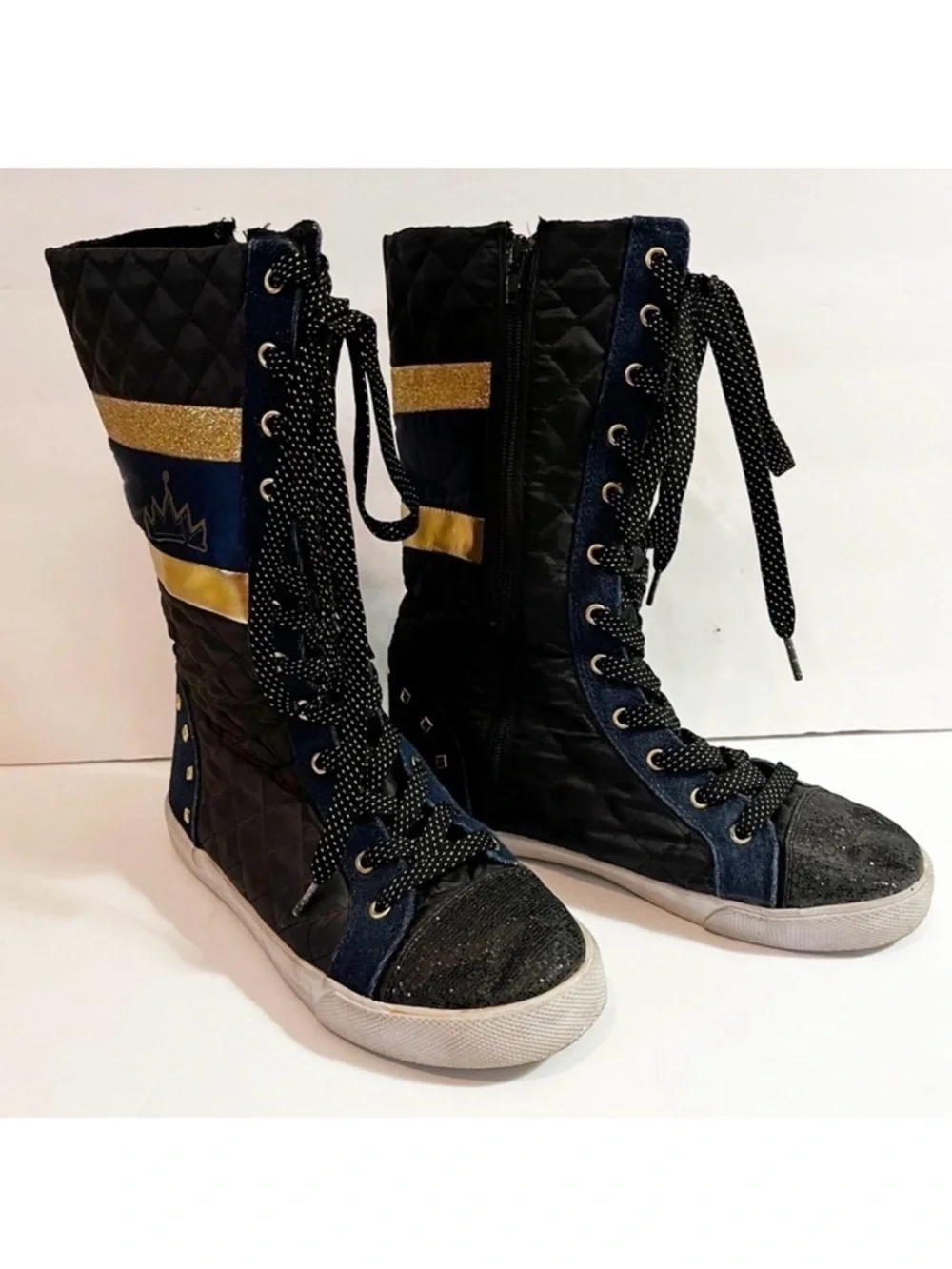 Disney D-Signed Girls Boots Blue Crown Sz 5 Black Sparkle Lace Tall Descendants